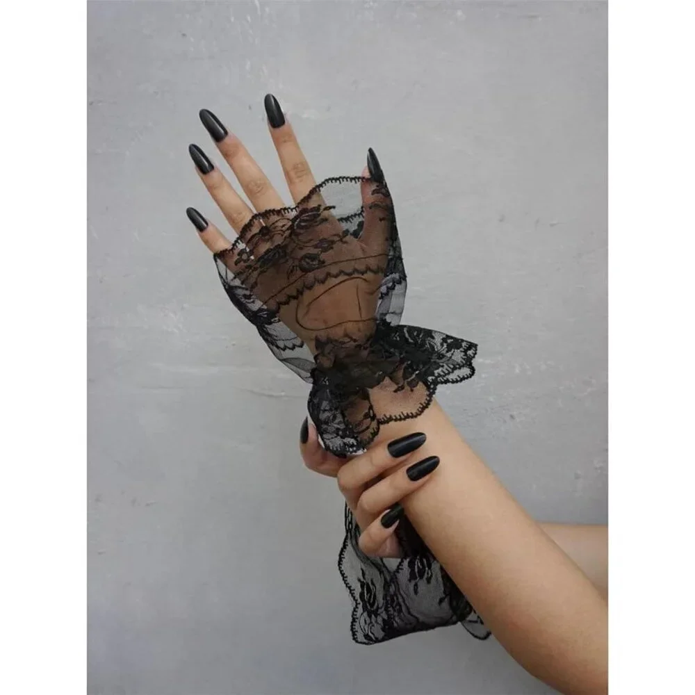 Women's Front Wrist Cuff Floral Lace Bow Wrist Black Solid Bridal Prom Gloves